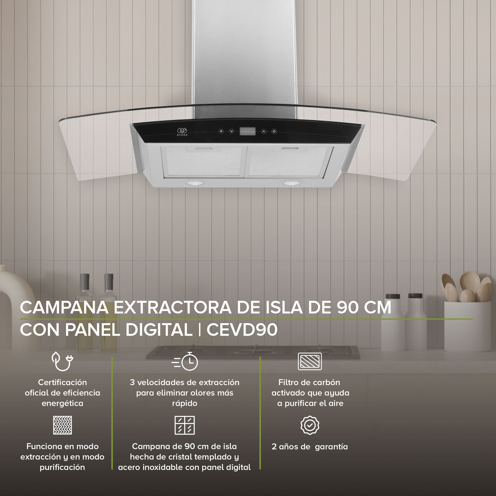 AVERA Campana Extractora o Purificadora para Cocina de Pared 90cm Cristal Templado y Acero Inxoidable CEVD90