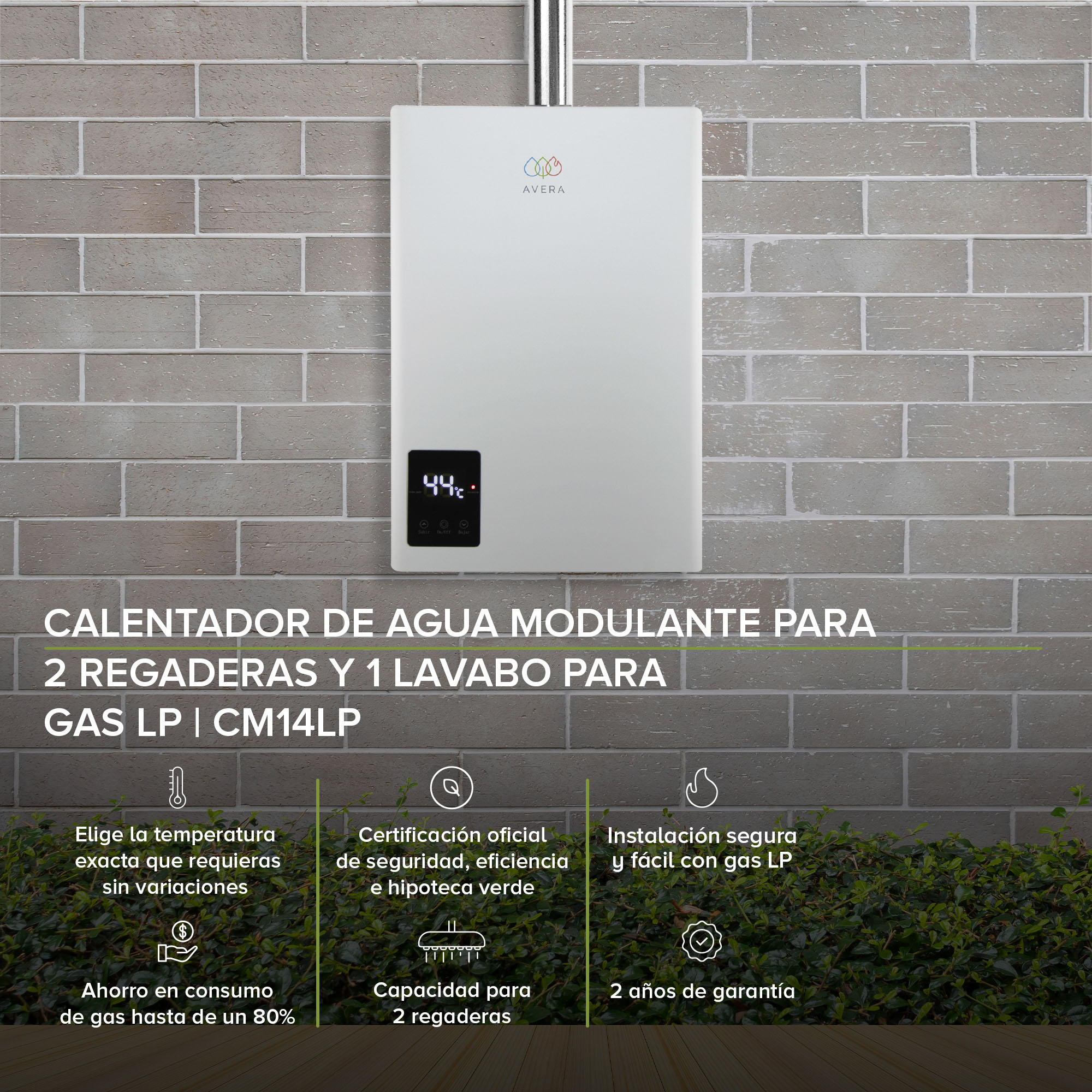 AVERA Calentador De Agua Instantáneo Modulante usa Gas LP para 2 Servicios CM14