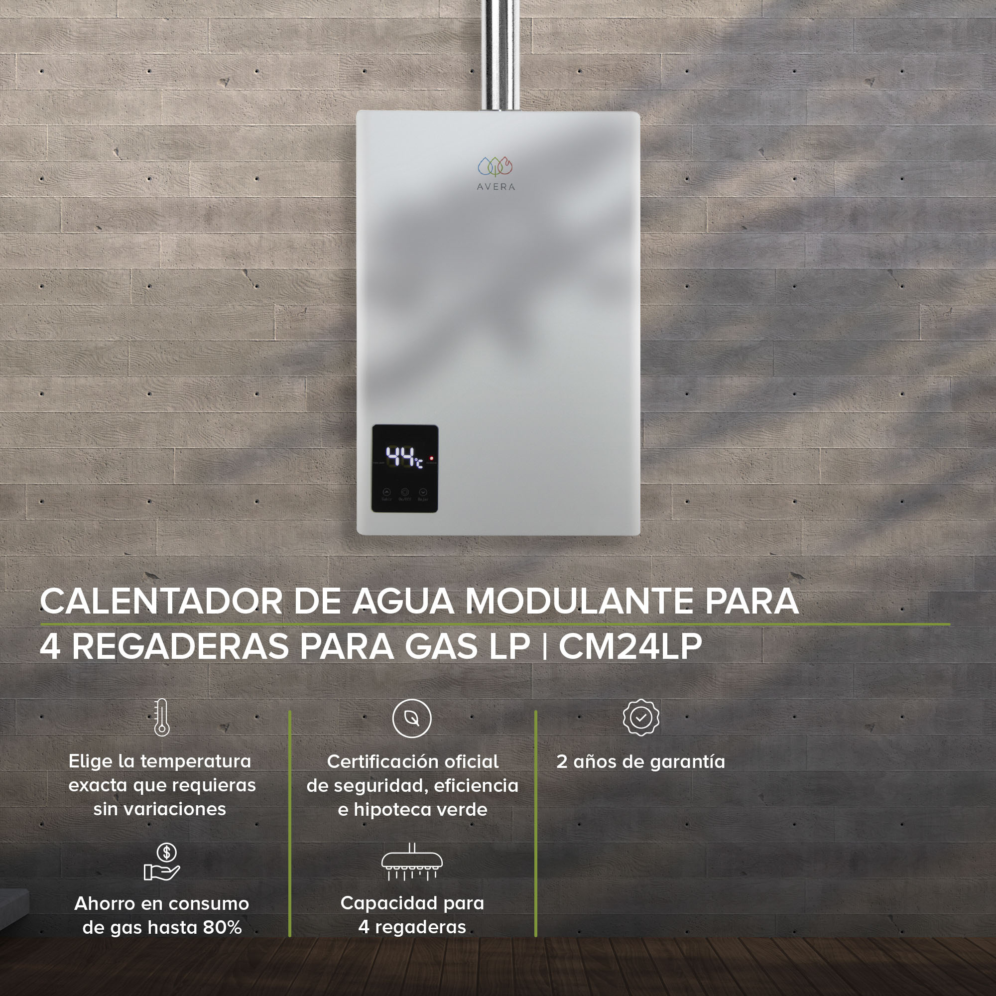 AVERA Calentador De Agua Instantáneo Modulante para 4 Servicios usa Gas LP CM24