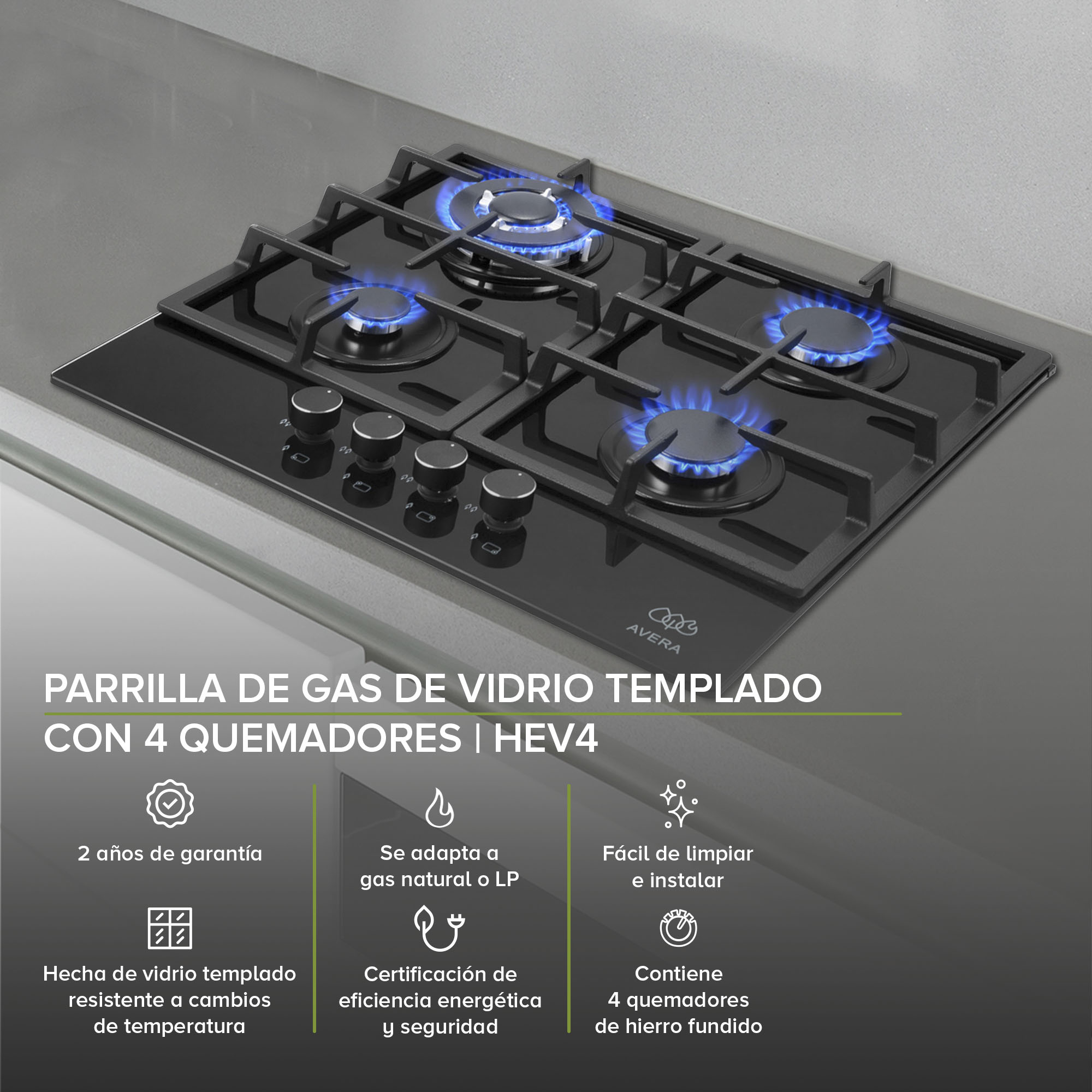 AVERA Parrilla de Gas para Empotrar Vidrio Templado con 4 Quemadores HEV4