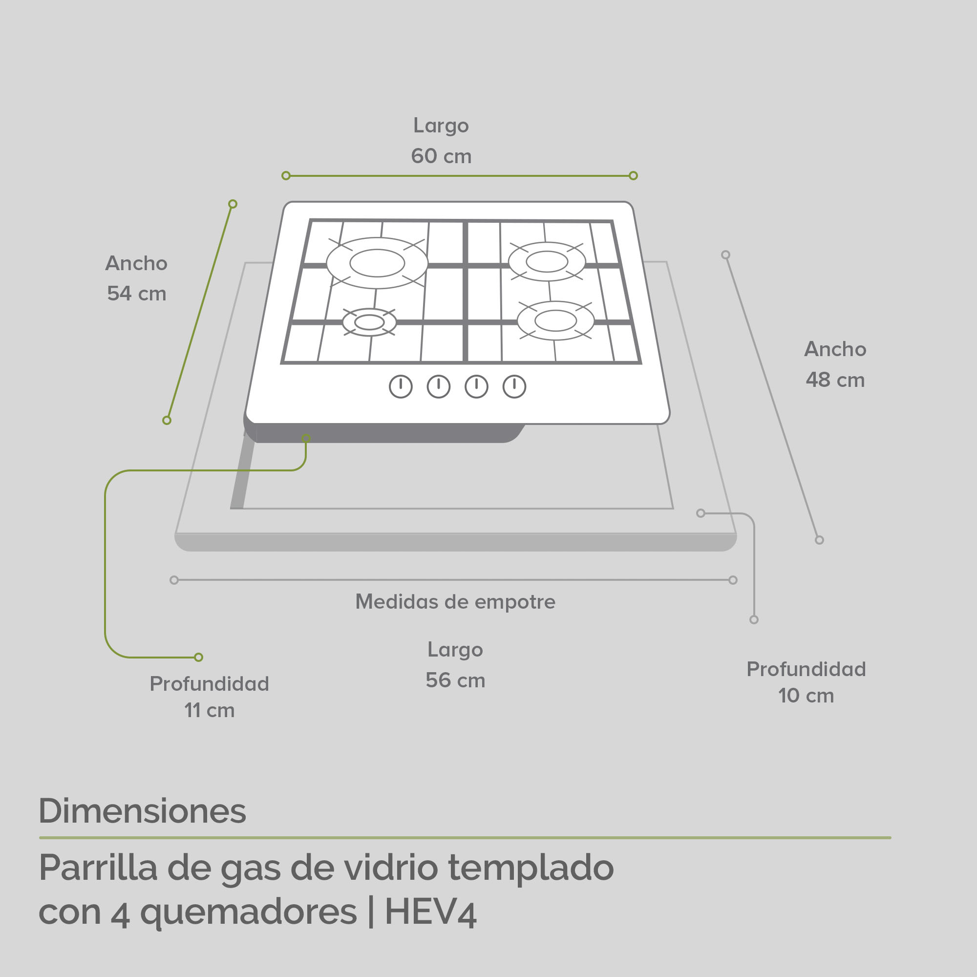 AVERA Parrilla de Gas para Empotrar Vidrio Templado con 4 Quemadores HEV4