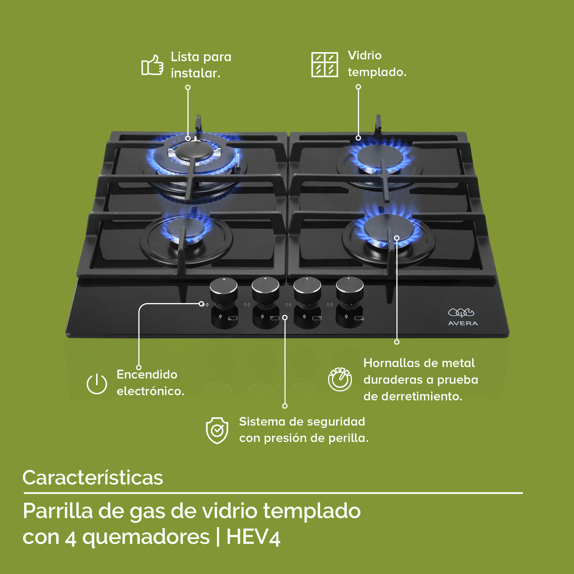 AVERA Parrilla de Gas para Empotrar Vidrio Templado con 4 Quemadores HEV4