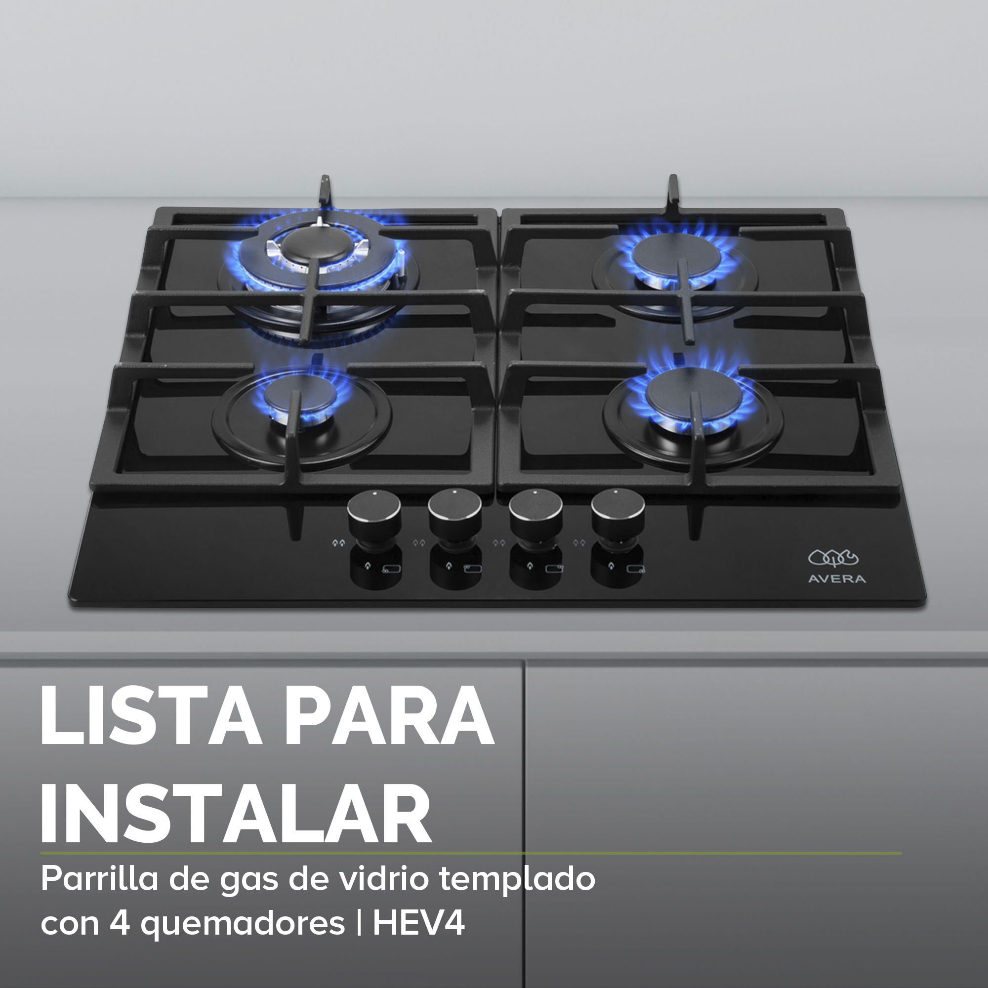 AVERA Parrilla de Gas para Empotrar Vidrio Templado con 4 Quemadores HEV4