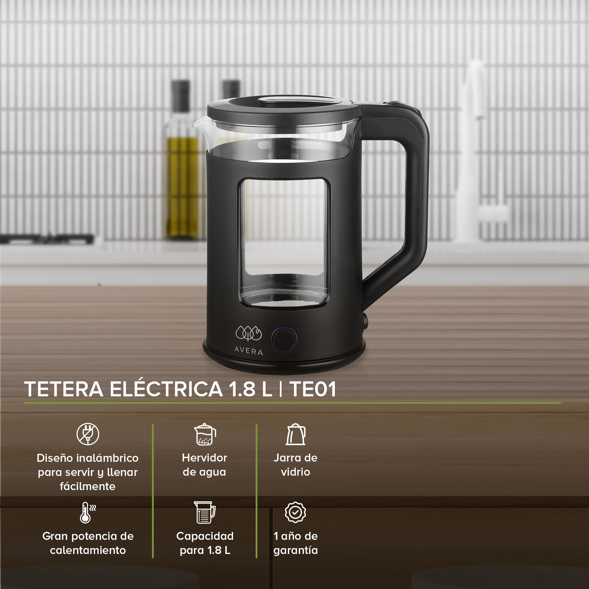 Hervidor de Agua Tetera Eléctrica Vidrio 1.8 Litros Avera TE01