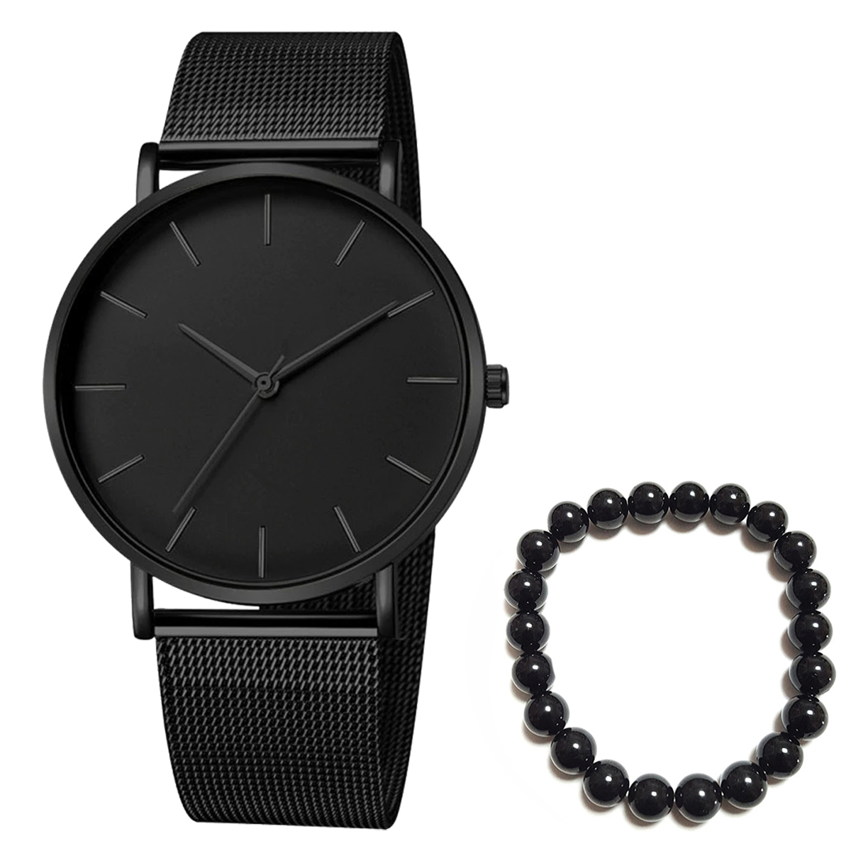 Reloj Negro Minimalista Elegante de Acero Inoxidable Quartz