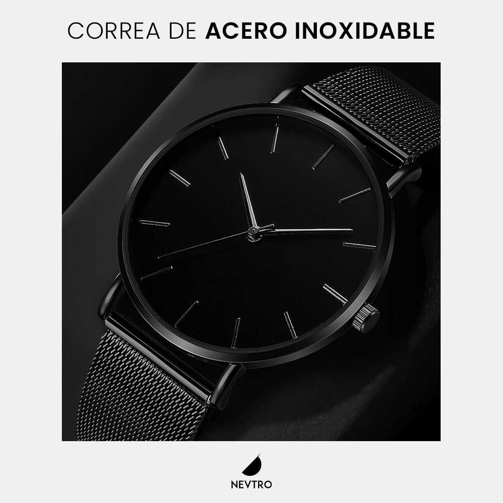 Reloj Negro Minimalista Elegante de Acero Inoxidable Quartz