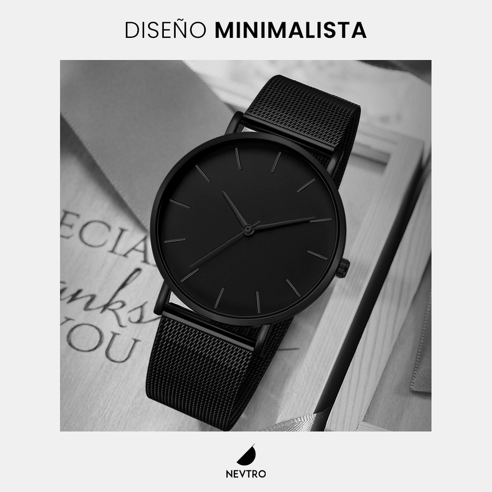 Reloj Negro Minimalista Elegante de Acero Inoxidable Quartz