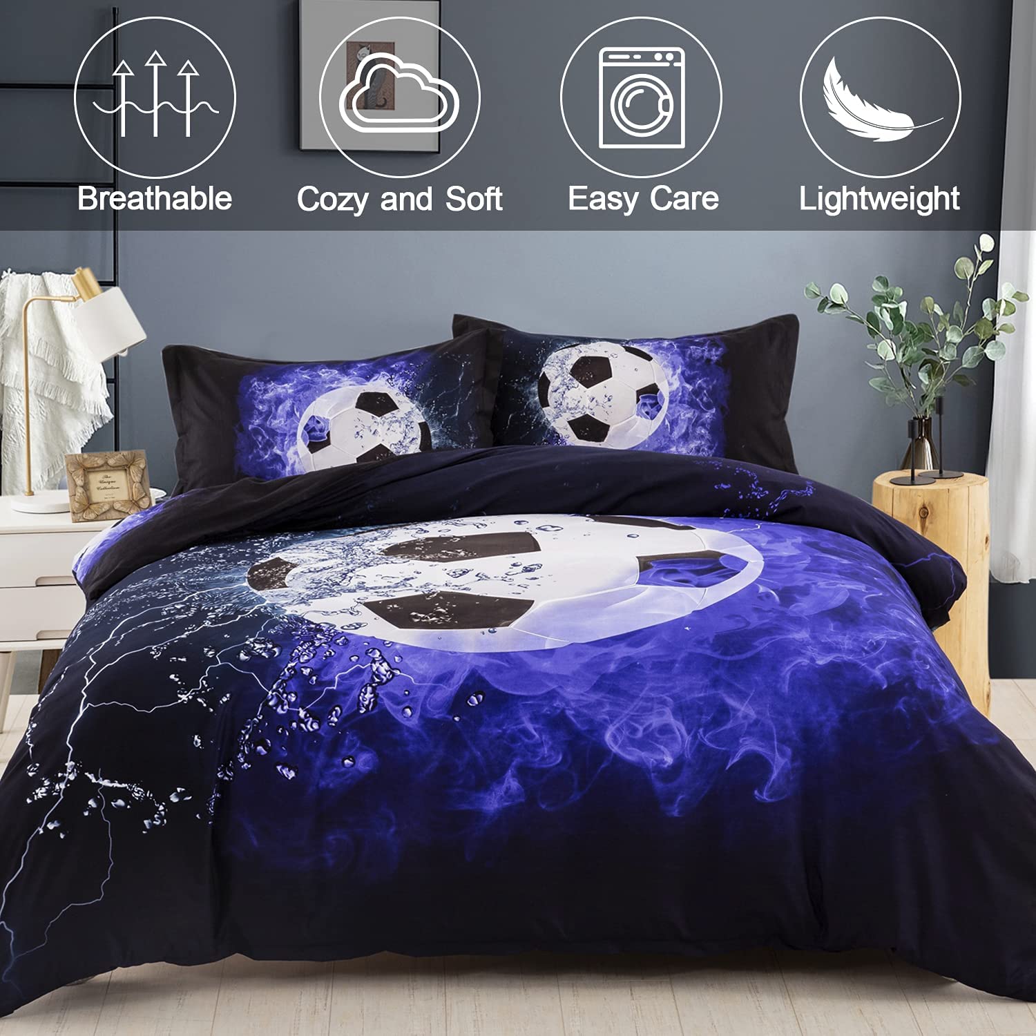 Juego de Ropa de Cama Funda de Edredón, Duvet con diseño de fútbol, Tamaño Individiual 172 x 218 cm