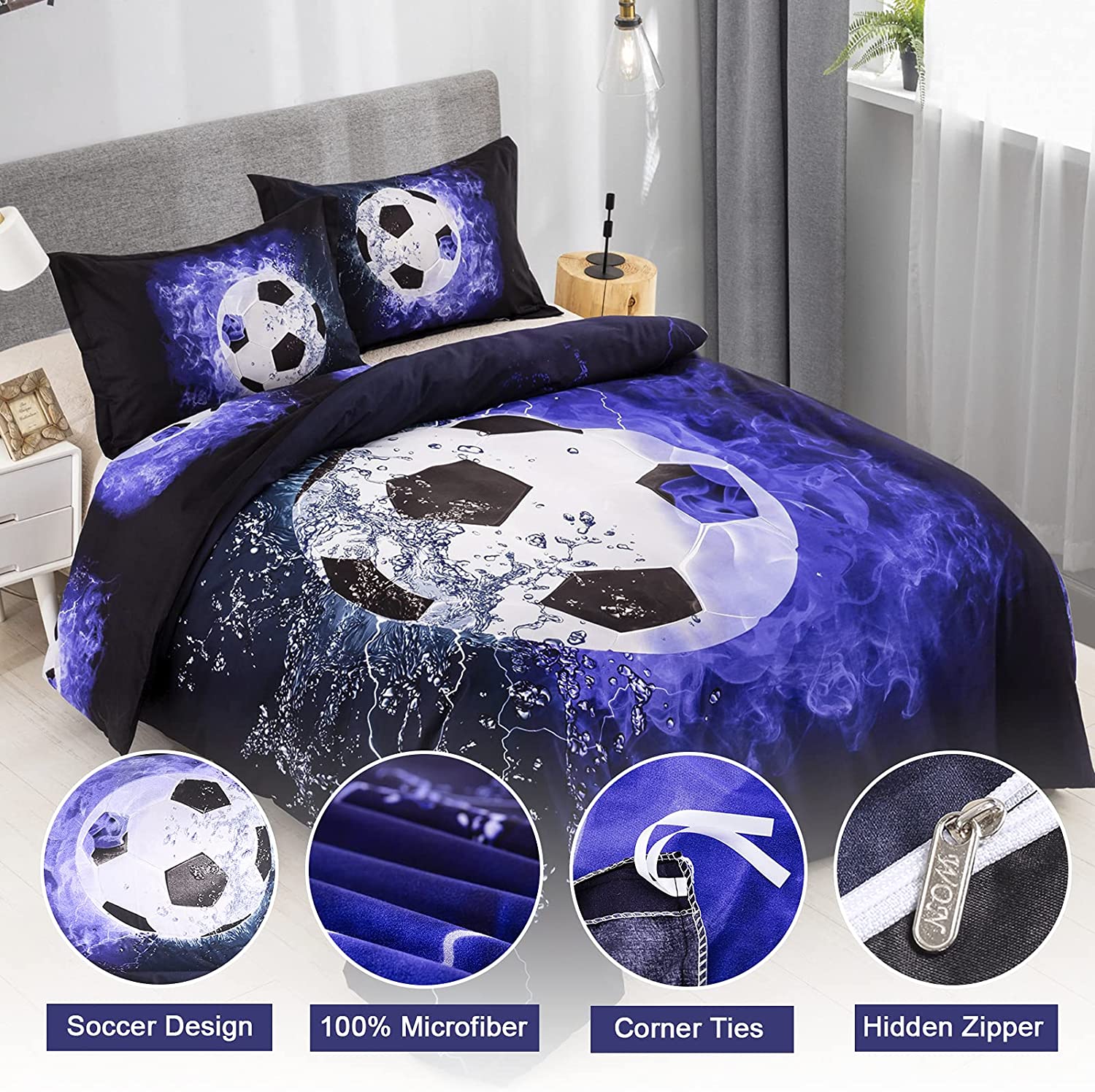Juego de Ropa de Cama Funda de Edredón, Duvet con diseño de fútbol, Tamaño Individiual 172 x 218 cm
