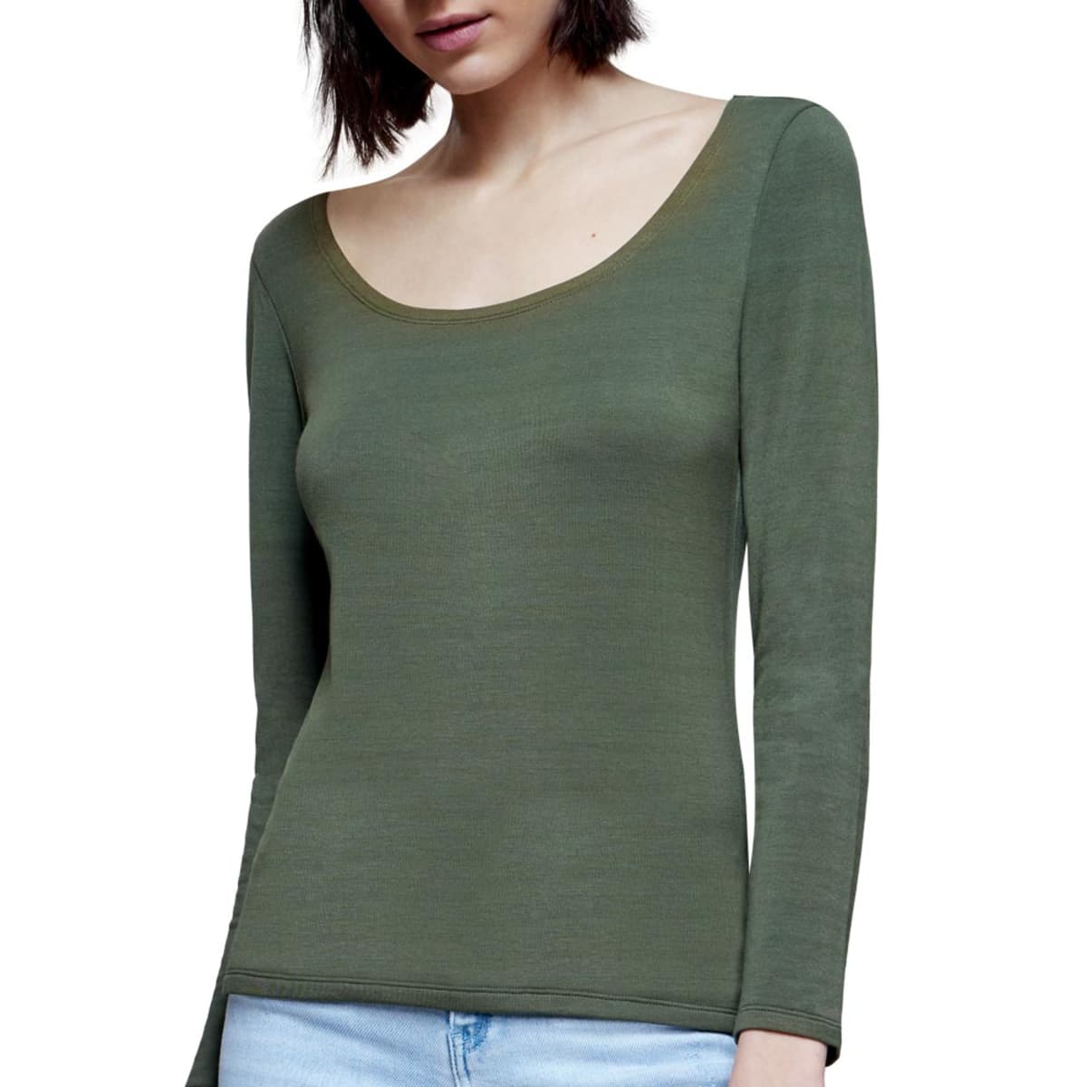Playera Casual Escote Redondo Manga Larga Holly Land color Verde olivo para Mujer 1038080