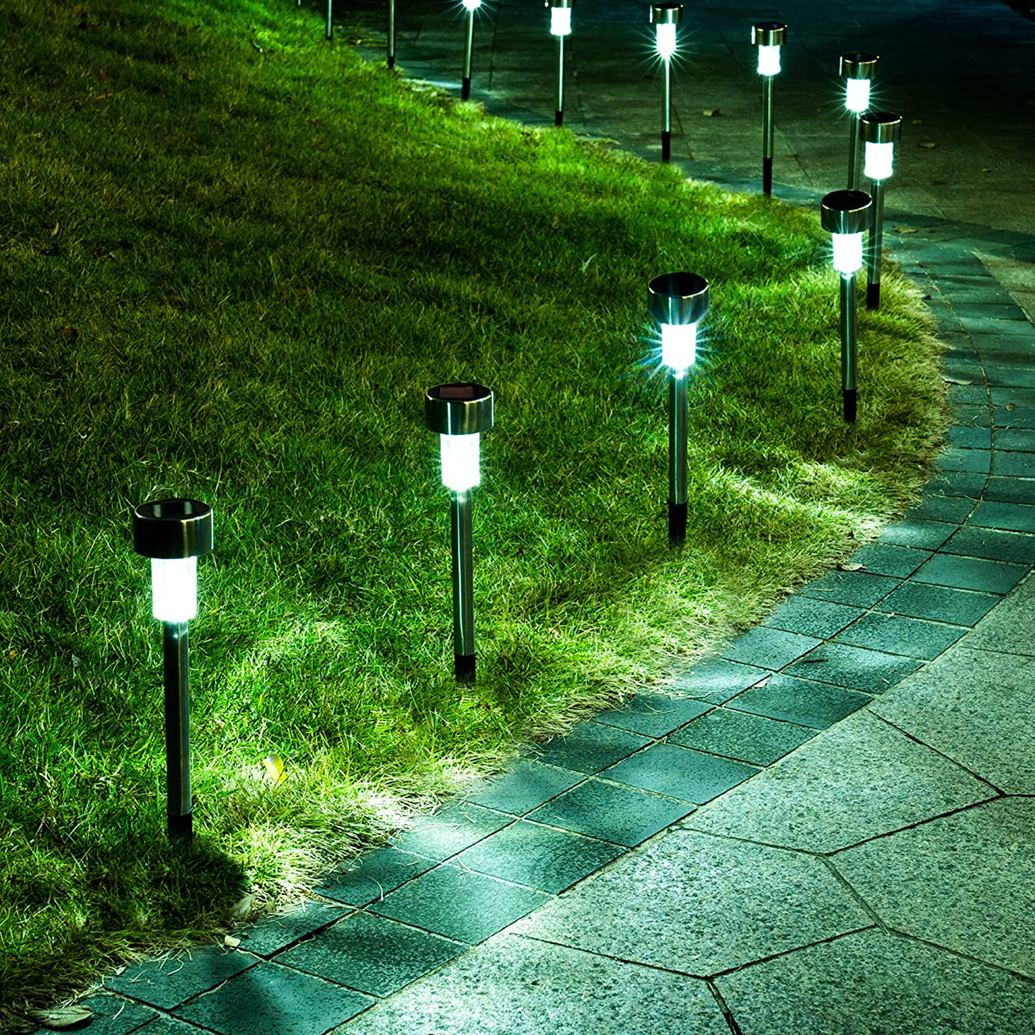 Lámparas de jardín solares recargables Luces solares para jardín al aire libre, luces LED acero inoxidable, paquete de 12