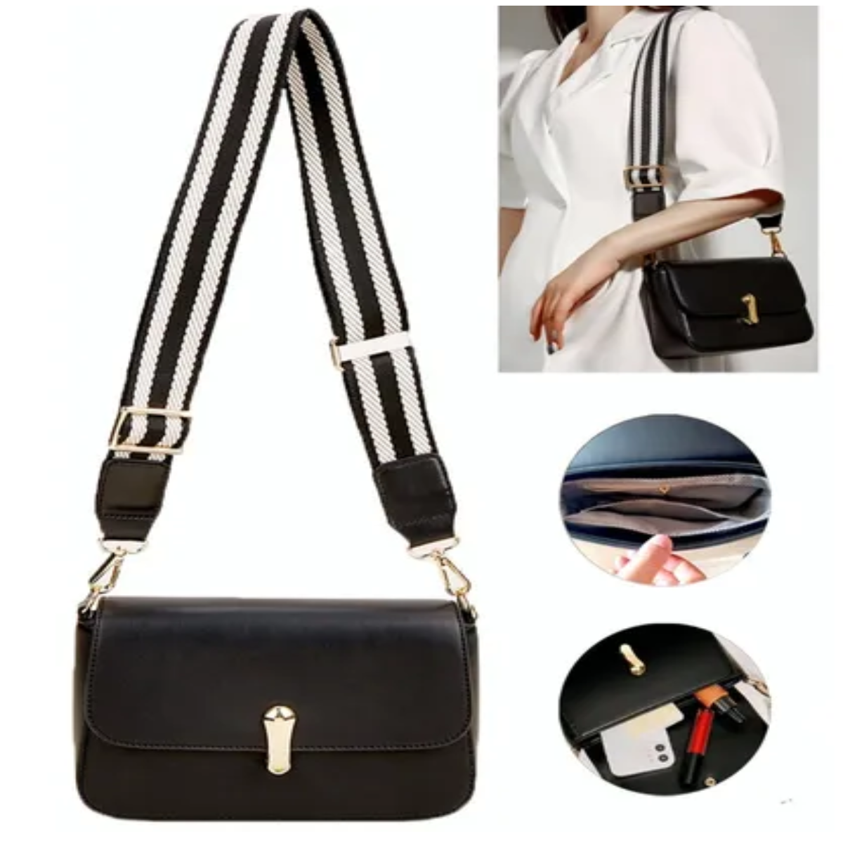 Bolsa Mariconera Para Dama Bandolera Impermeable Negra 