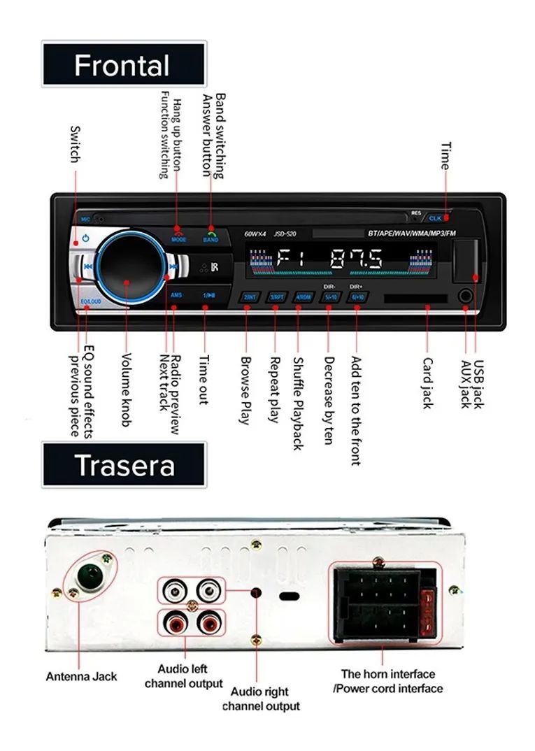 Auto Estereo Reproductor Mp3 1 Din Bluetooth, Usb Y Auxiliar