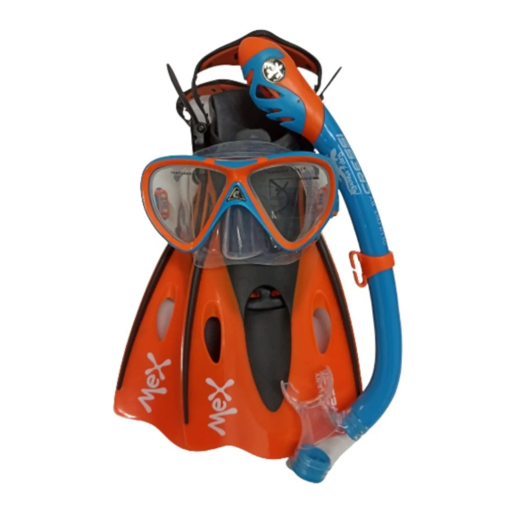 Set CRESSI Mex Jr Pegaso Iguana Visor, Tubo y Aletas Ideal para Snorkeling Infantil Color Azul/Naranja