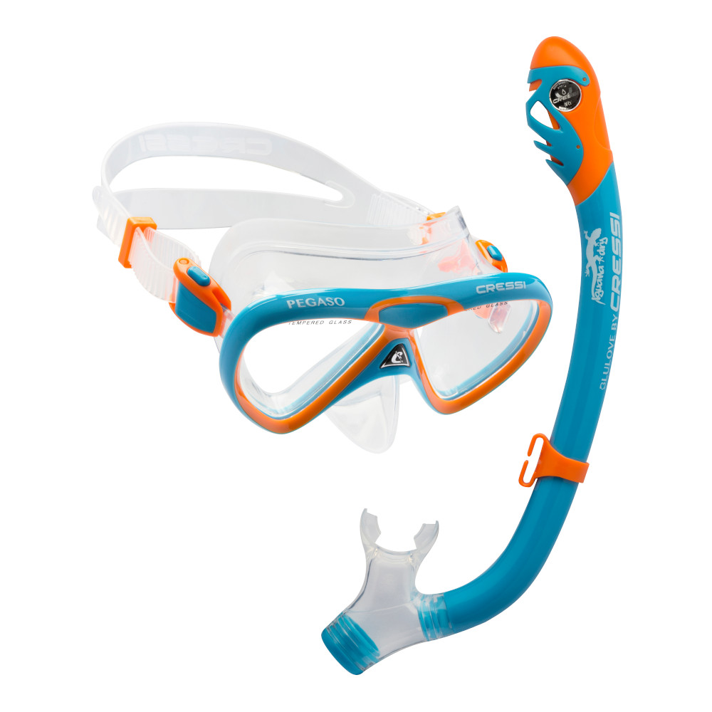 Set CRESSI Mex Jr Pegaso Iguana Visor, Tubo y Aletas Ideal para Snorkeling Infantil Color Azul/Naranja