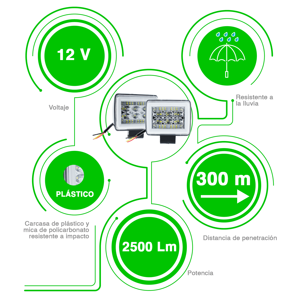 Par Faros 18 Led Auxiliar Fija Estrobo Auto Moto Arillo Gel