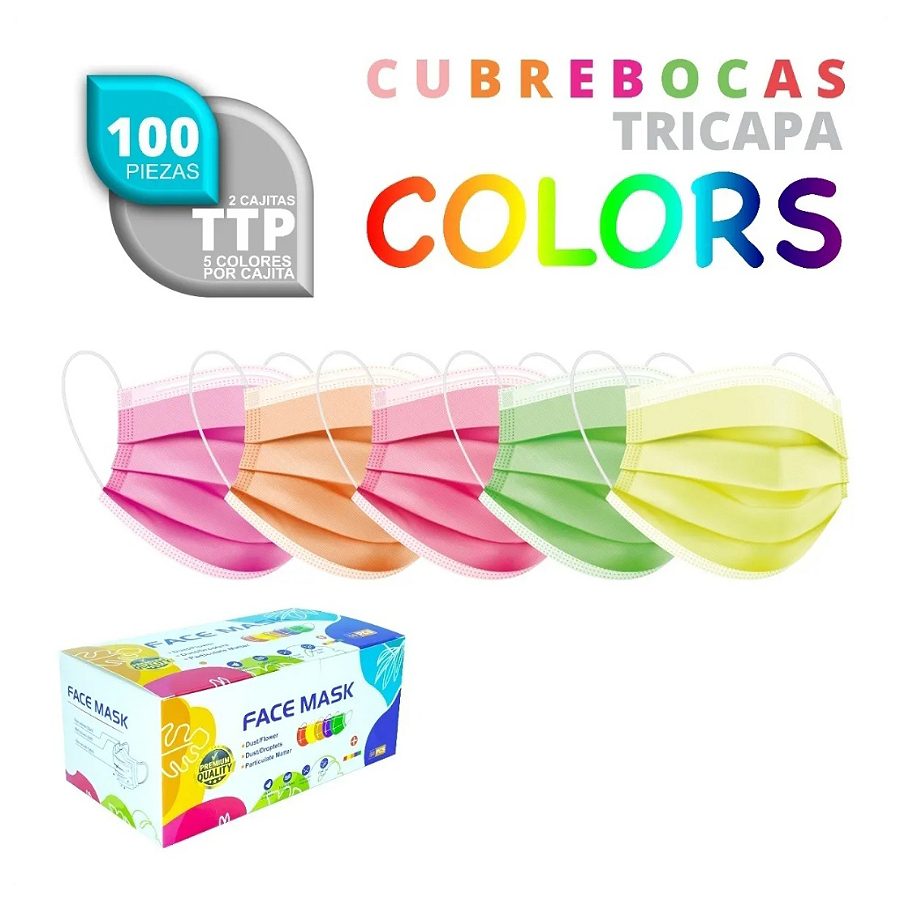 100 Cubrebocas Colores Tricapa Termosellado Plisado.