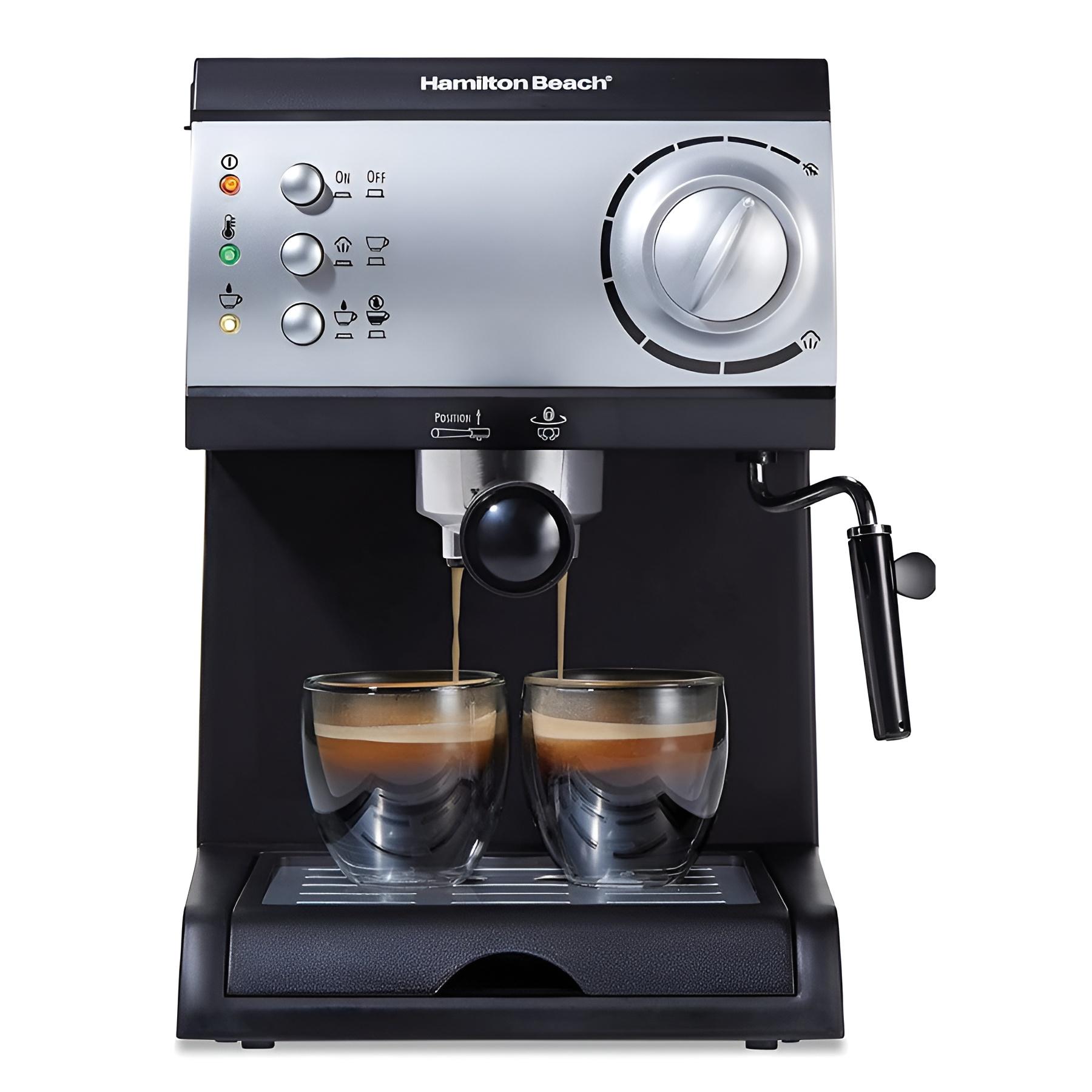 Hamilton Beach 40715 Cafetera Espresso, 2 Tazas, Cappuccino, Mocha y Latte, 15 Bares, Negro y Plata