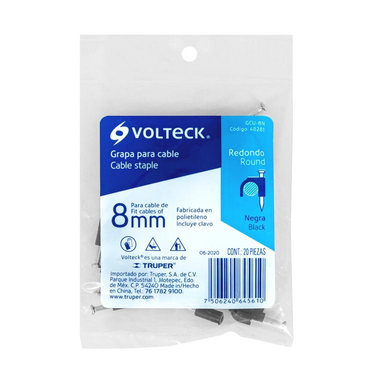 Bolsa con 20 grapas negras de 8 mm para cable redondo