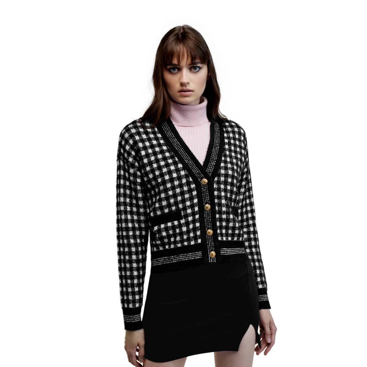 Sweater tejido a cuadros para mujer, blanco con negro, marca Sao Paulo, mod. 1043078