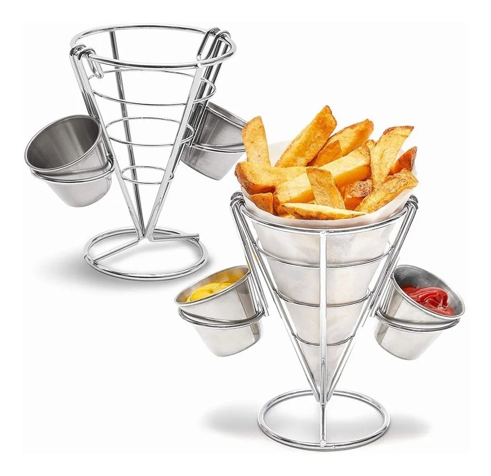 Cono Soporte Papas Fritas Y Botana Acero Inoxidable 2 Dips