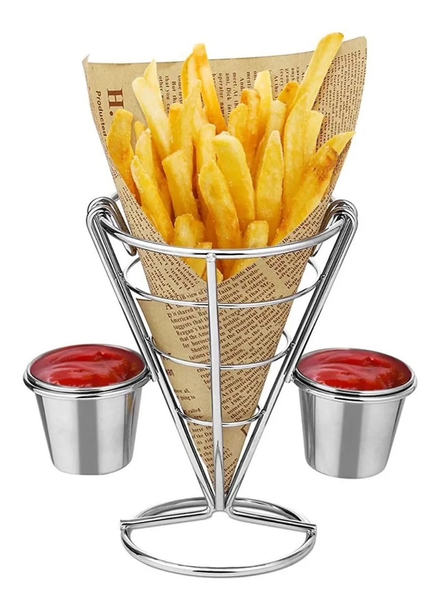 Cono Soporte Papas Fritas Y Botana Acero Inoxidable 2 Dips