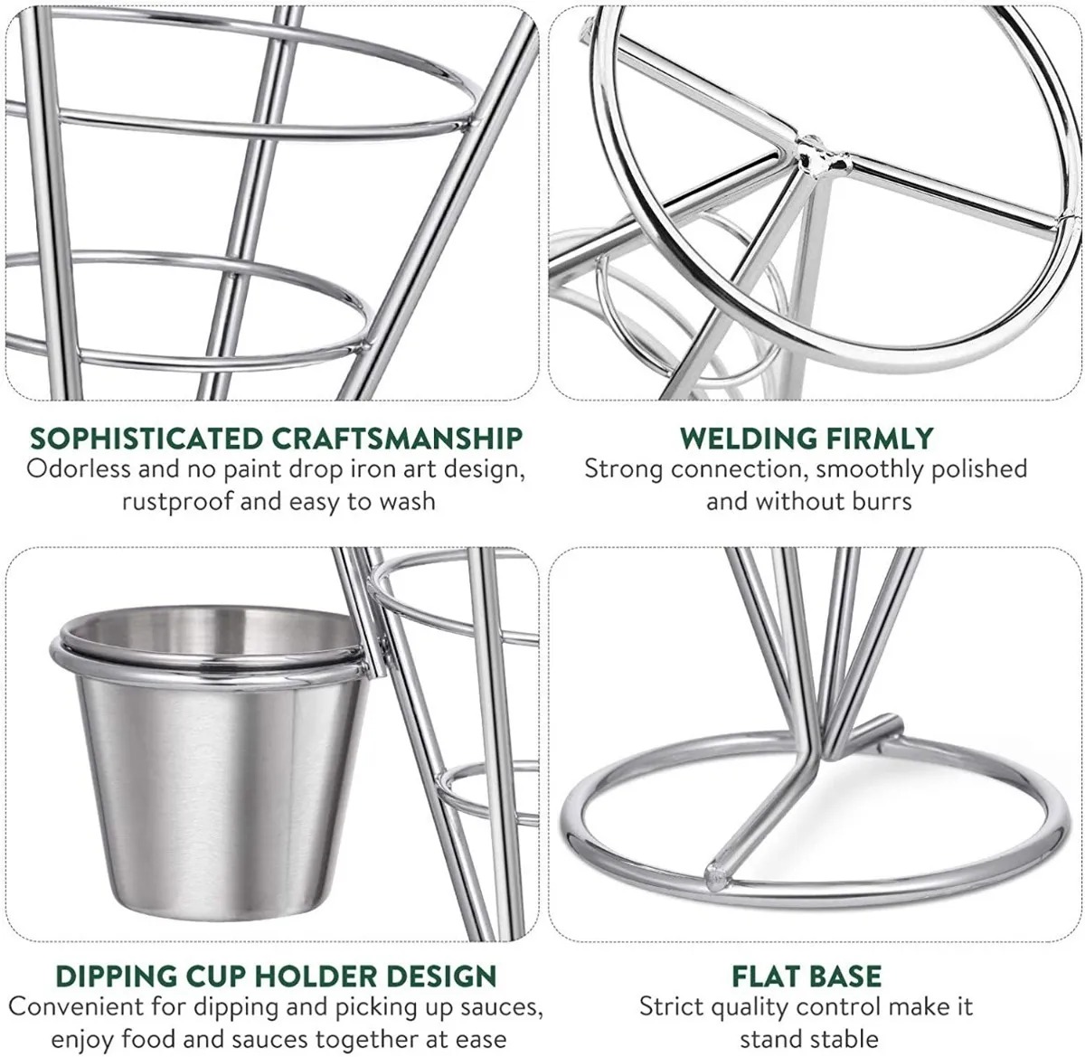 Cono Soporte Papas Fritas Y Botana Acero Inoxidable 2 Dips