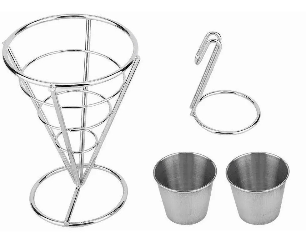 Cono Soporte Papas Fritas Y Botana Acero Inoxidable 2 Dips