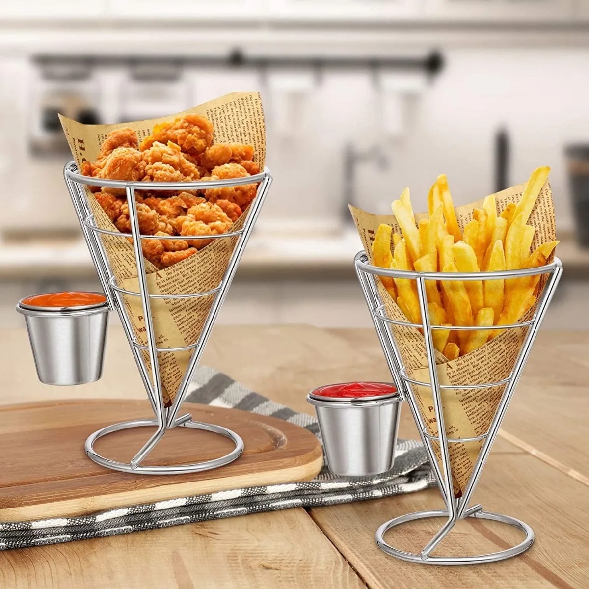 Cono Soporte Papas Fritas Y Botana Acero Inoxidable 2 Dips