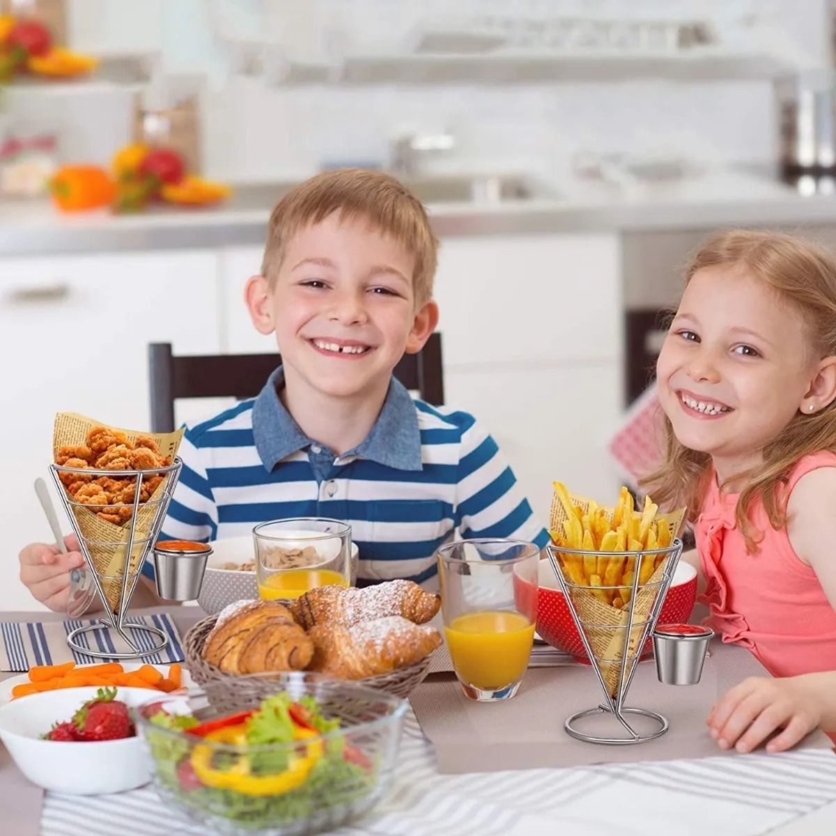 Cono Soporte Papas Fritas Y Botana Acero Inoxidable 2 Dips