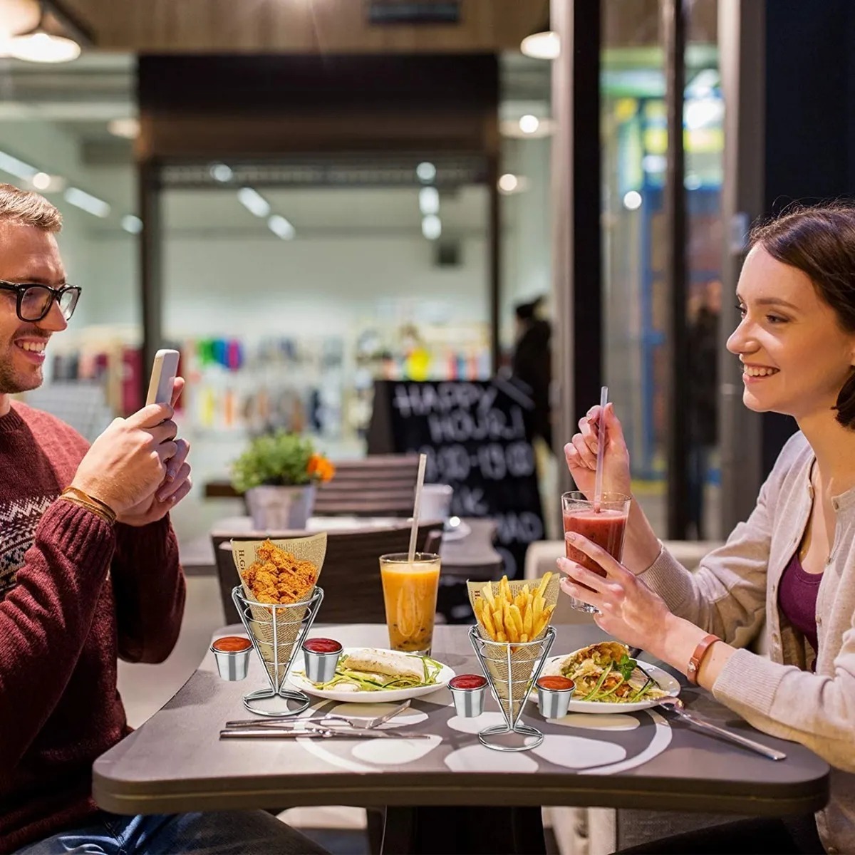 Cono Soporte Papas Fritas Y Botana Acero Inoxidable 2 Dips