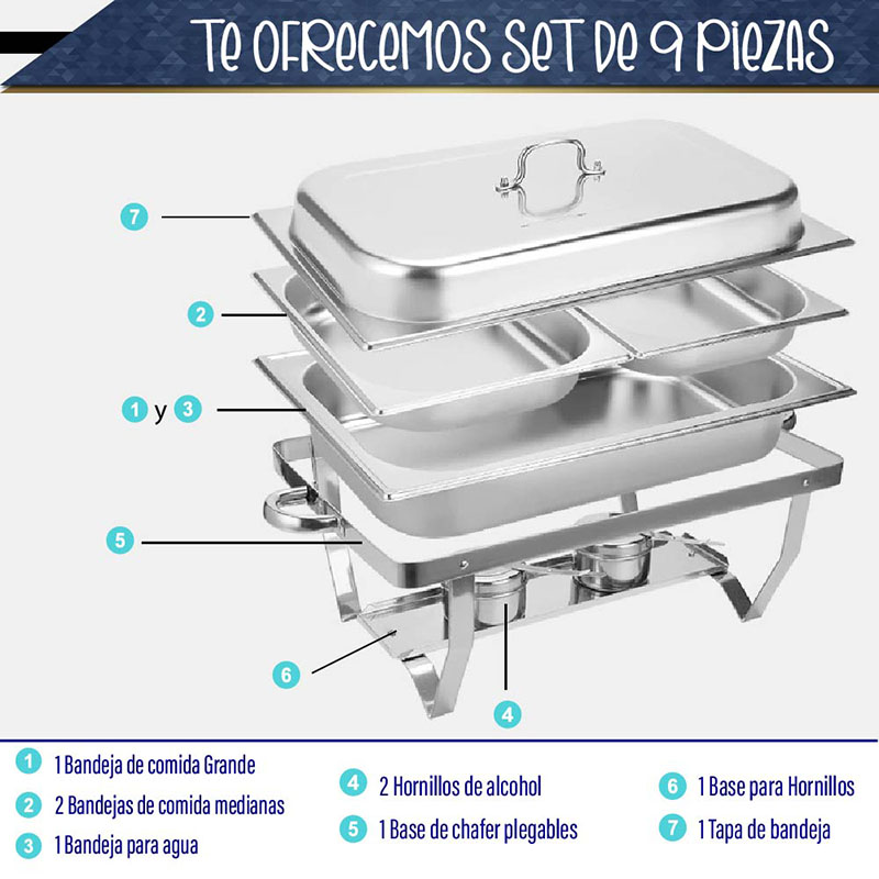 Chafer Bufetera RD ROYAL COOK Rectangular de Acero Inoxidable de 9.5 lt.