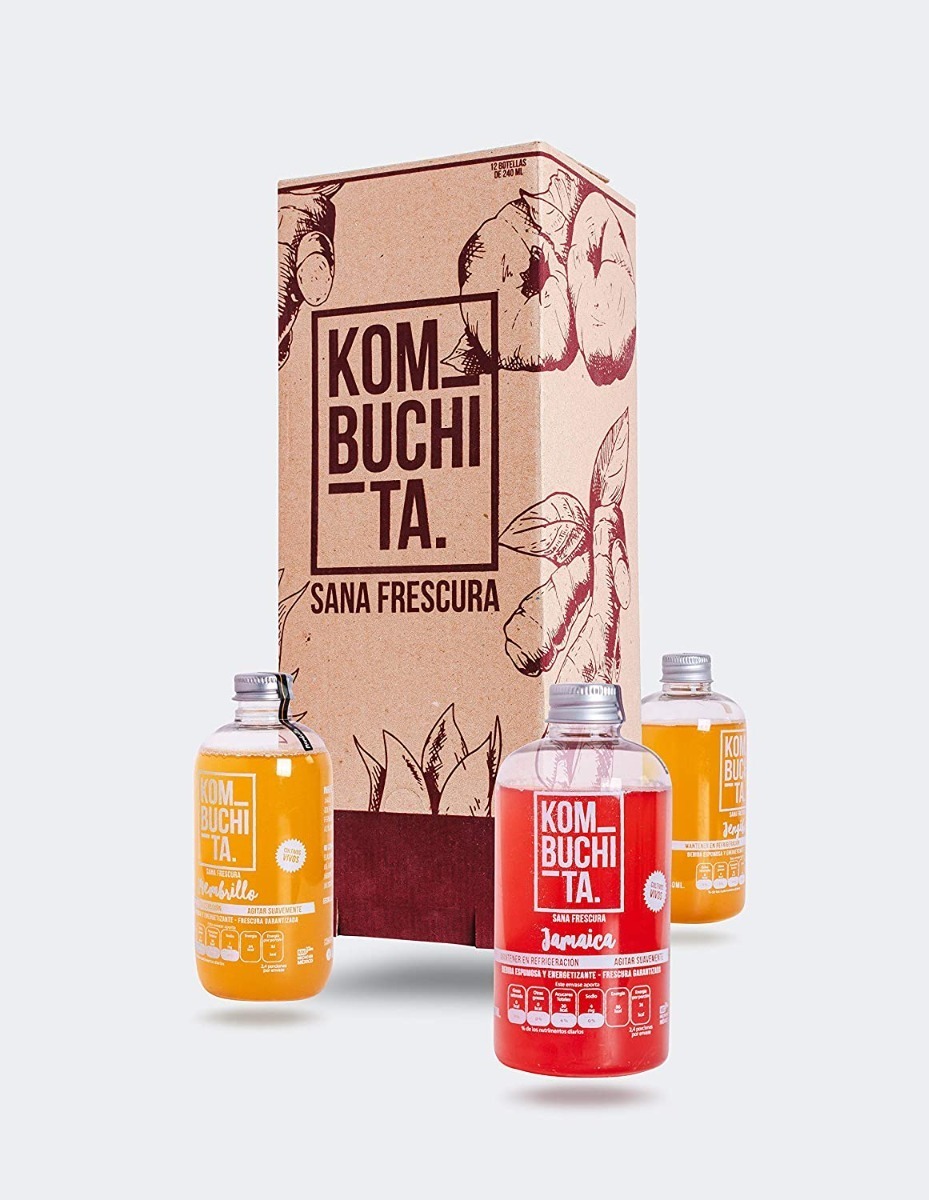 KOMBUCHITA 12 pack de Kombucha (12 x 240ml) (Mix). Producto plus, ingredientes organicos (Te verde organico - green tea). Bebida de fermento de scoby, sin gluten, rico en aminoacidos. Alimentos veganos.