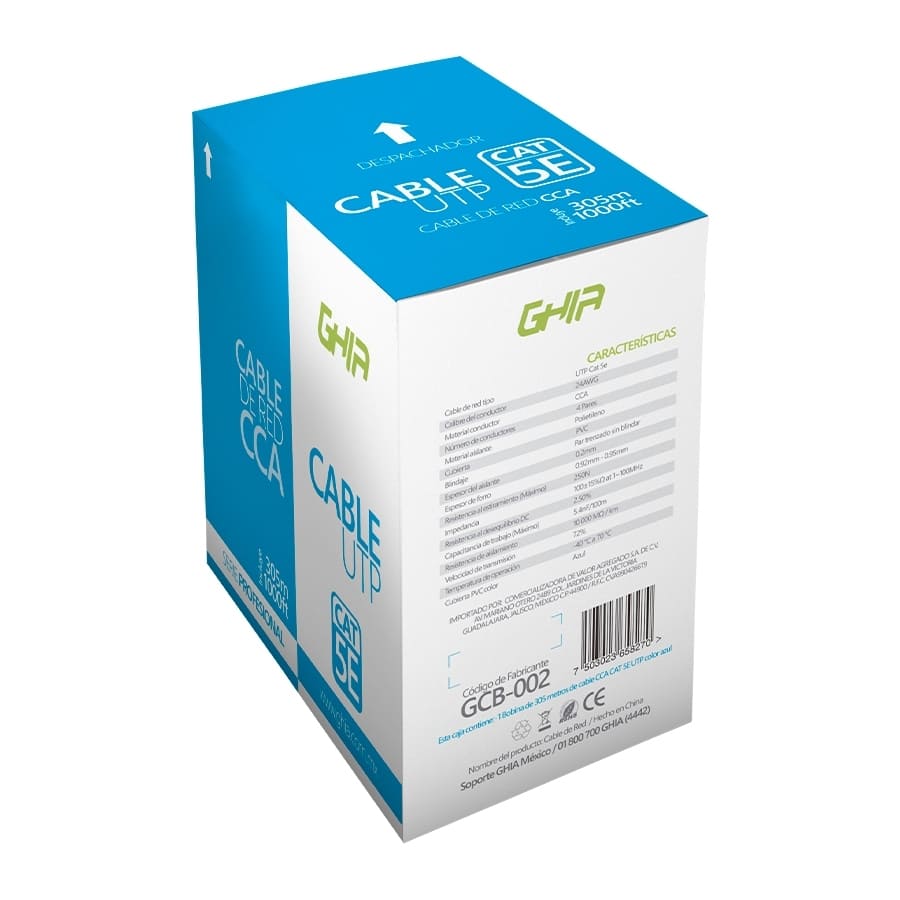 Bobina de Cable UTP, Ghia GCB-002, CAT 5E, CCA, Interior, 305 m, Azul