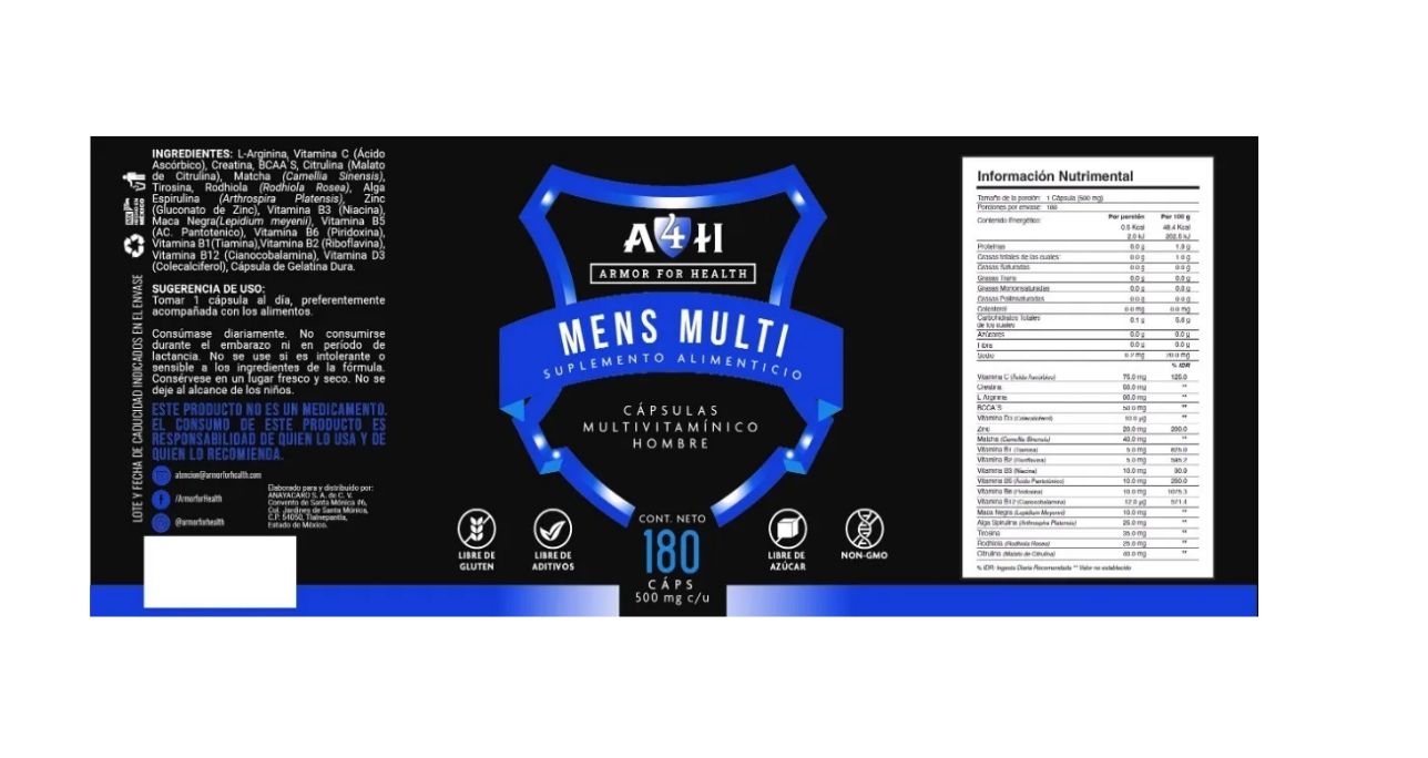 Hombre Mens Multi Vitamínico 180 Caps A4h Arginina Creatina