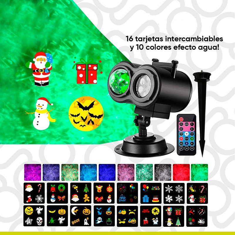 Proyector reflector Dual luces de Navidad Halloween toda ocasión Decoración exteriores 16 tarjetas + 10 efectos agua Artego 