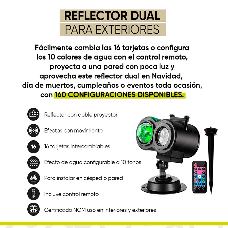 Proyector reflector Dual luces de Navidad Halloween toda ocasión Decoración exteriores 16 tarjetas + 10 efectos agua Artego 
