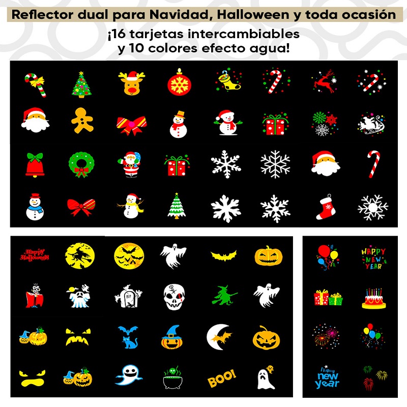 Proyector reflector Dual luces de Navidad Halloween toda ocasión Decoración exteriores 16 tarjetas + 10 efectos agua Artego 