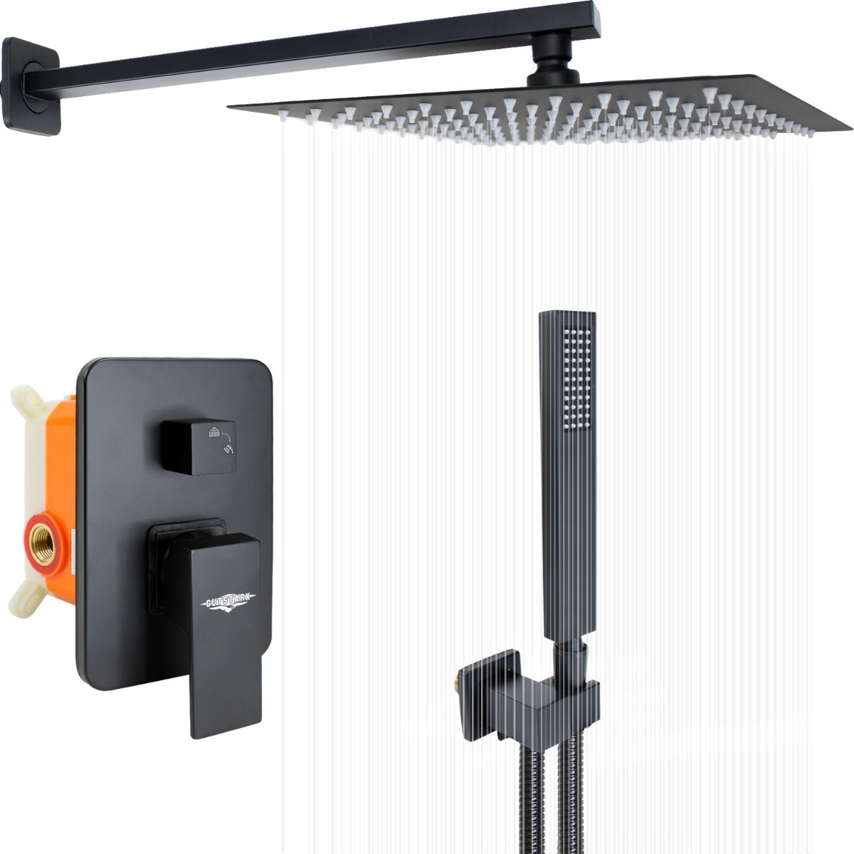 Regadera Cuadrada Negra Lluvia Monomando Acero Inoxidable 25cm