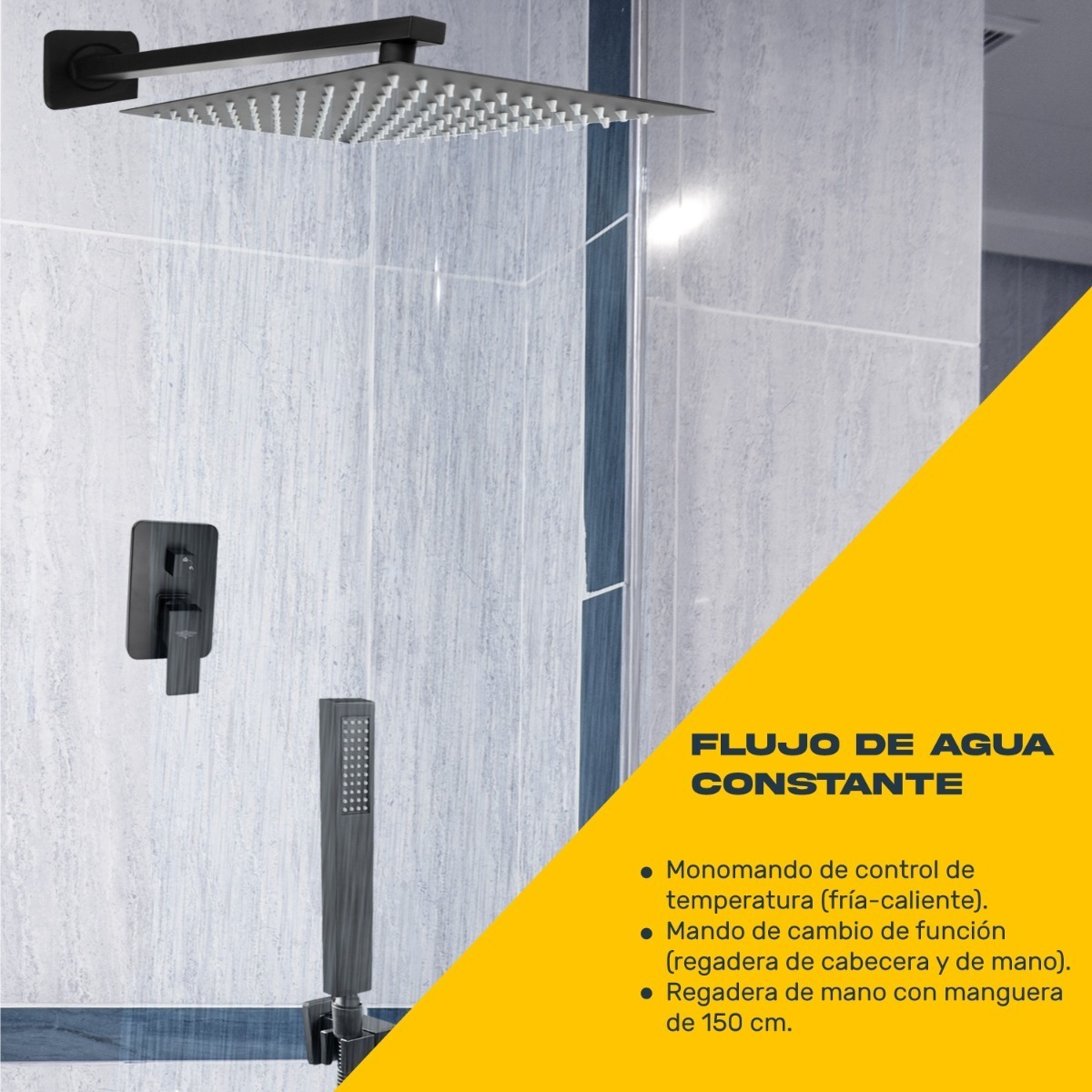 Regadera Cuadrada Negra Lluvia Monomando Acero Inoxidable 25cm