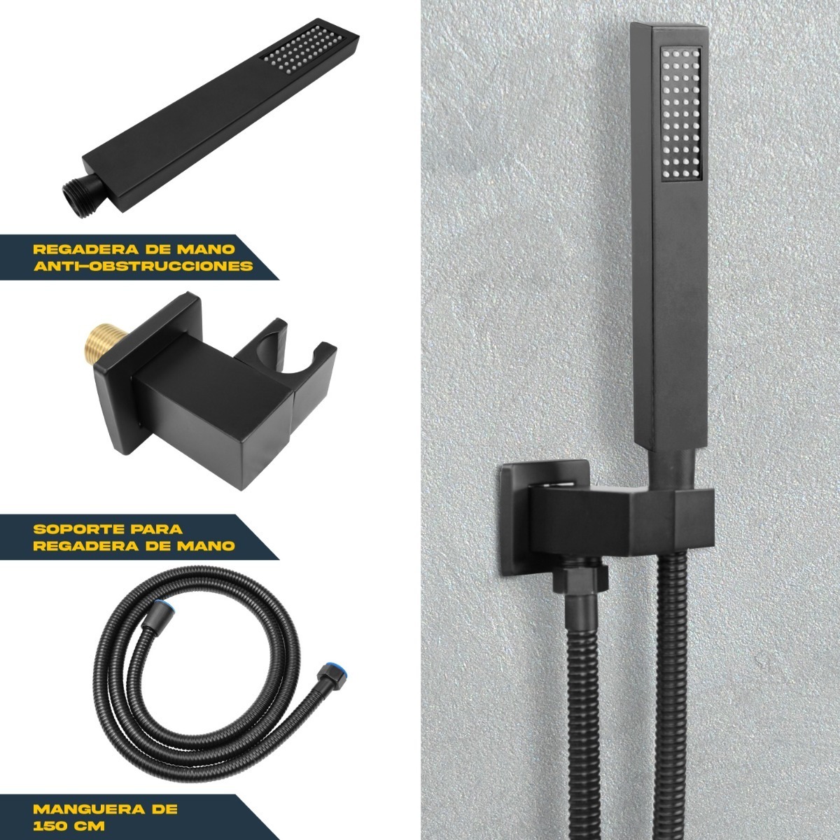 Regadera Cuadrada Negra Lluvia Monomando Acero Inoxidable 25cm