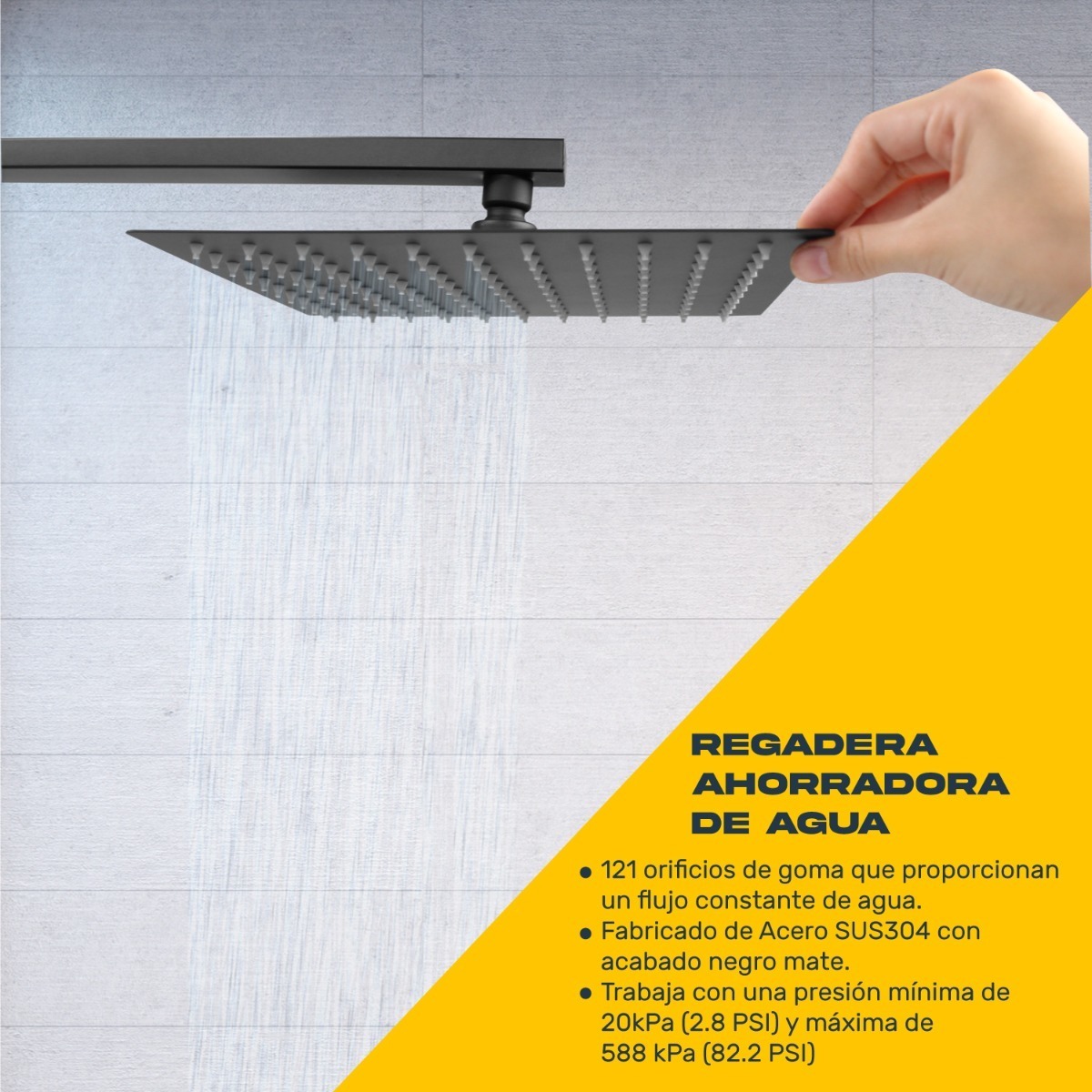 Regadera Cuadrada Negra Lluvia Monomando Acero Inoxidable 25cm