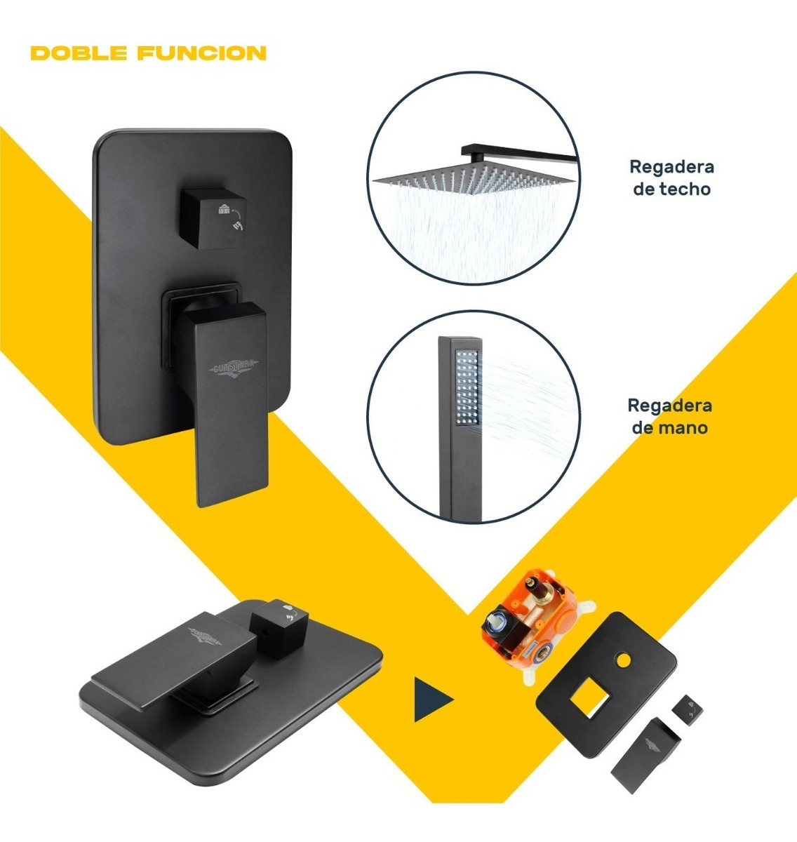 Regadera Cuadrada Negra Lluvia Monomando Acero Inoxidable 25cm