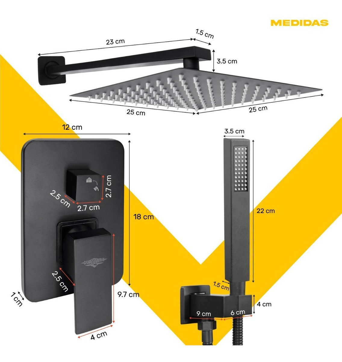 Regadera Cuadrada Negra Lluvia Monomando Acero Inoxidable 25cm