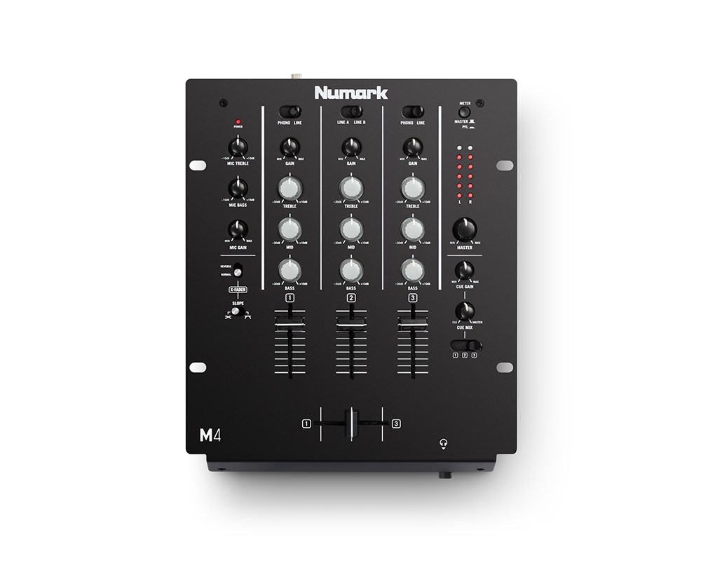 Mezclador de DJ Numark M4 de 3 canales para scratch, instalable en rack, con EQ 3 bandas, entrada de micro y crossfader