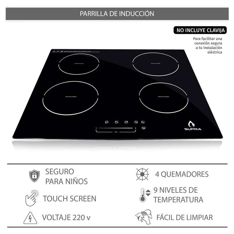 Parrilla de inducción con 4 quemadores SUPRA 4Q-IN-220V con cristal templado