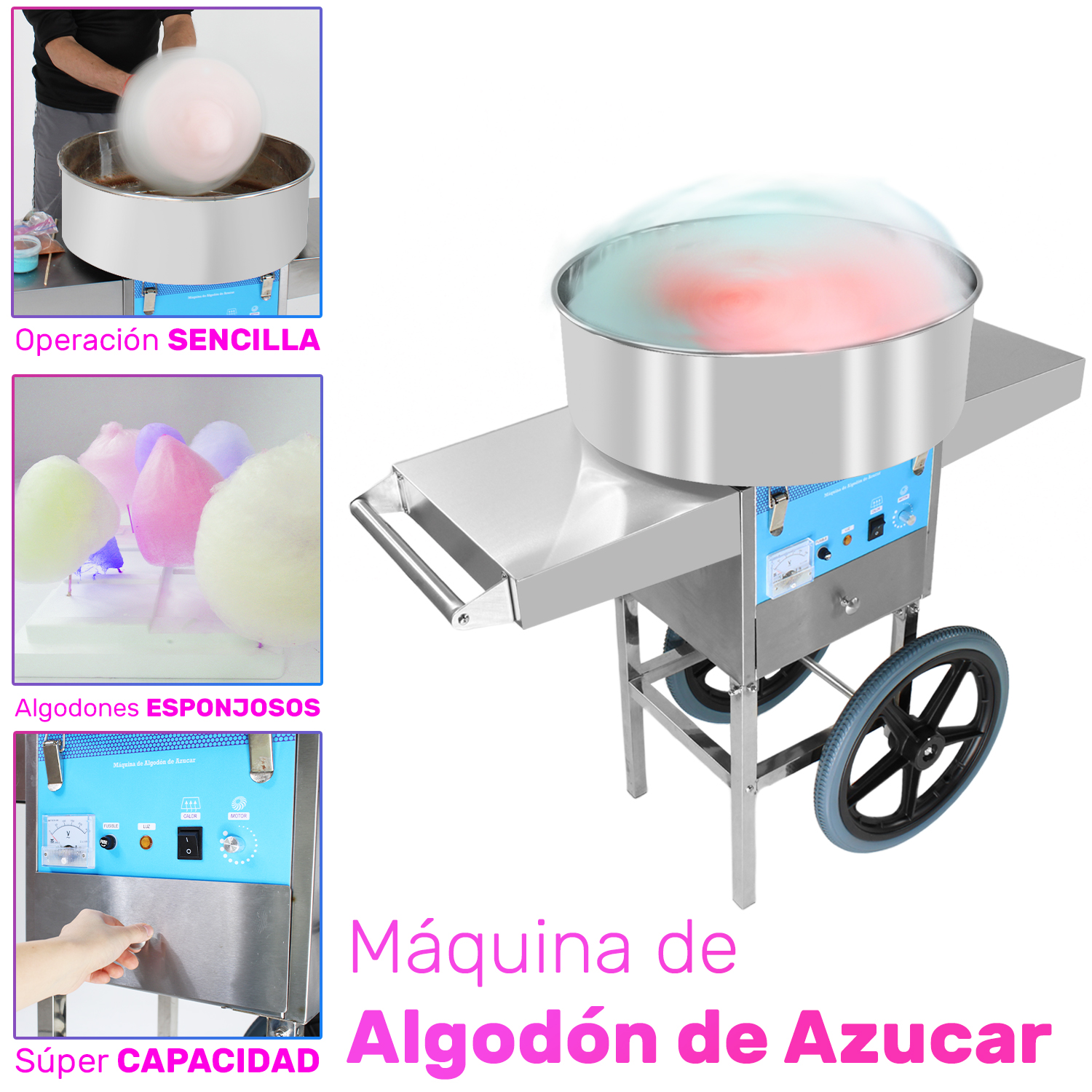 Maquina Para Algodón De Azucar Comercial Ruedas 110v Algodonera Dulces