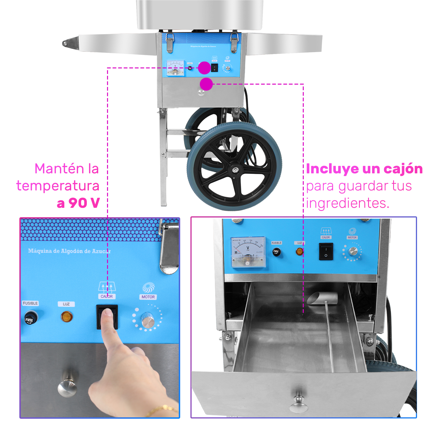 Maquina Para Algodón De Azucar Comercial Ruedas 110v Algodonera Dulces