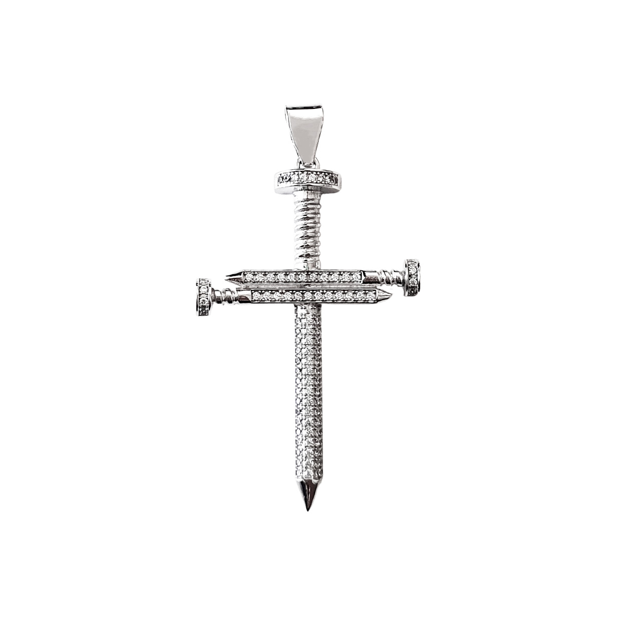 Dije de cruz de plata .925 para hombre de clavos con piedra zirconia y baño de rodio