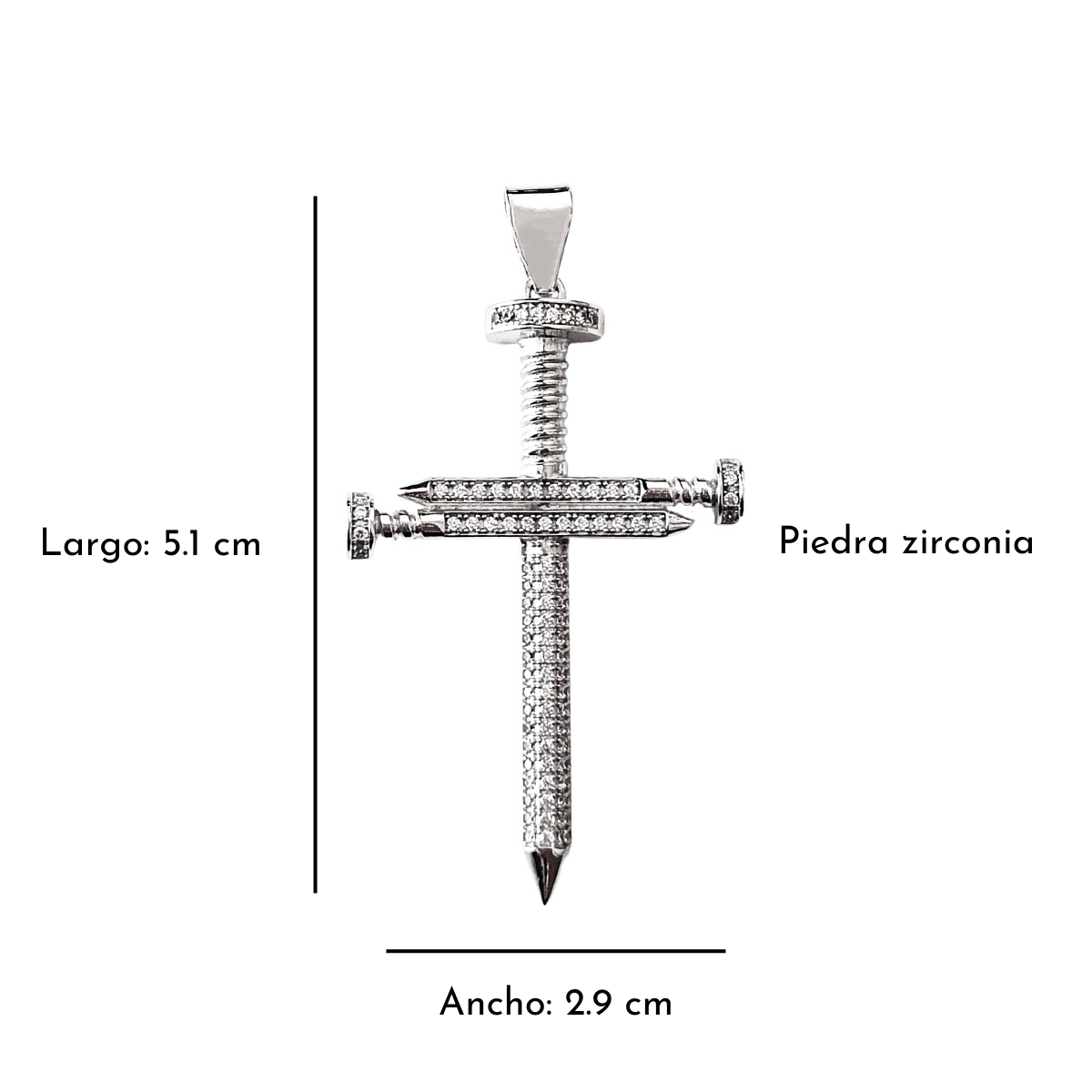 Dije de cruz de plata .925 para hombre de clavos con piedra zirconia y baño de rodio